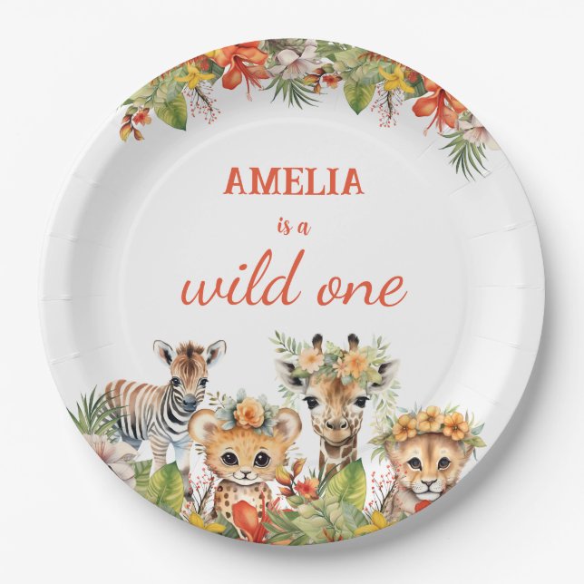 Wild One First Birthday Girl Safari Jungle Animals Paper Plate (Front)