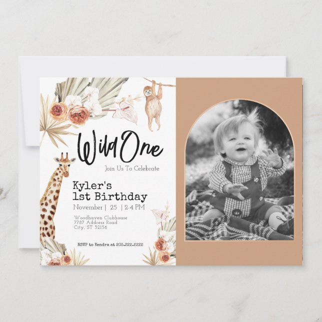 Wild One First Birthday Invitation With Photo (Front)