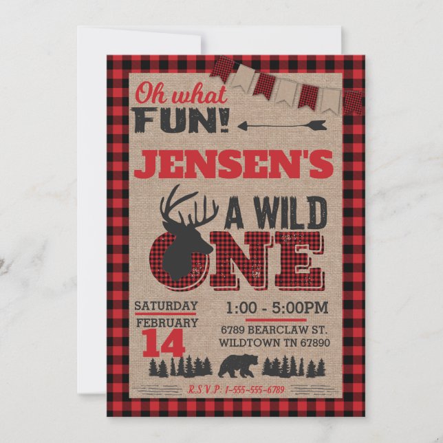 Wild One First Birthday Lumberjack Buffalo Plaid Invitation (Front)