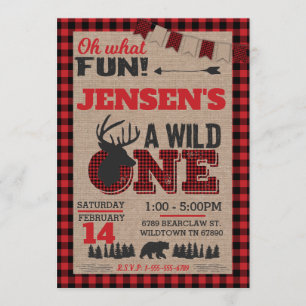 Wild One First Birthday Lumberjack Buffalo Plaid Invitation