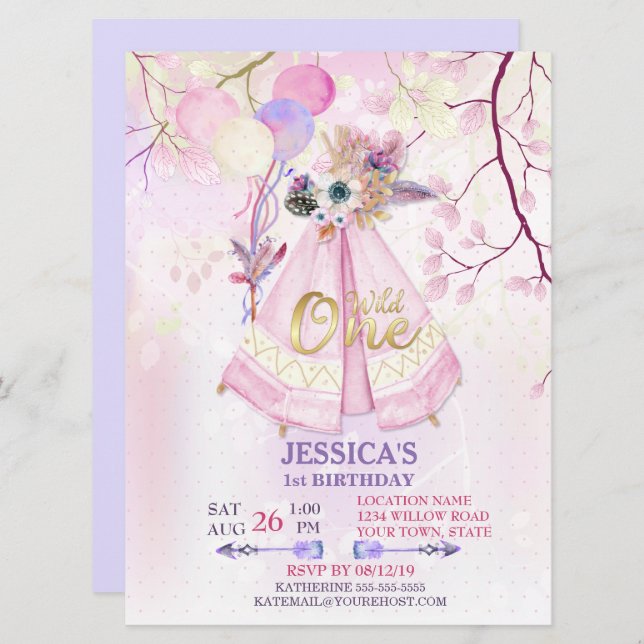 Wild One First Birthday TeePee Boho-Large Invitation (Front/Back)