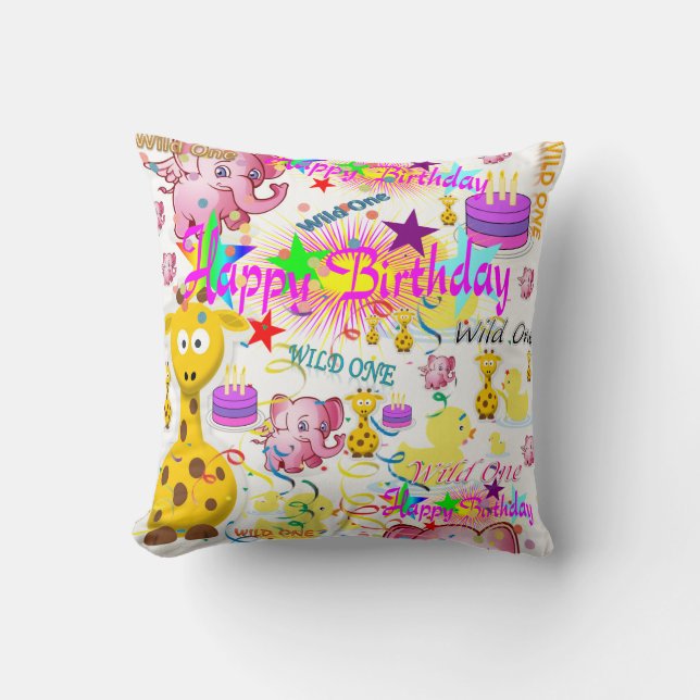 Wild One First Birthday Throw Pillow (Front)