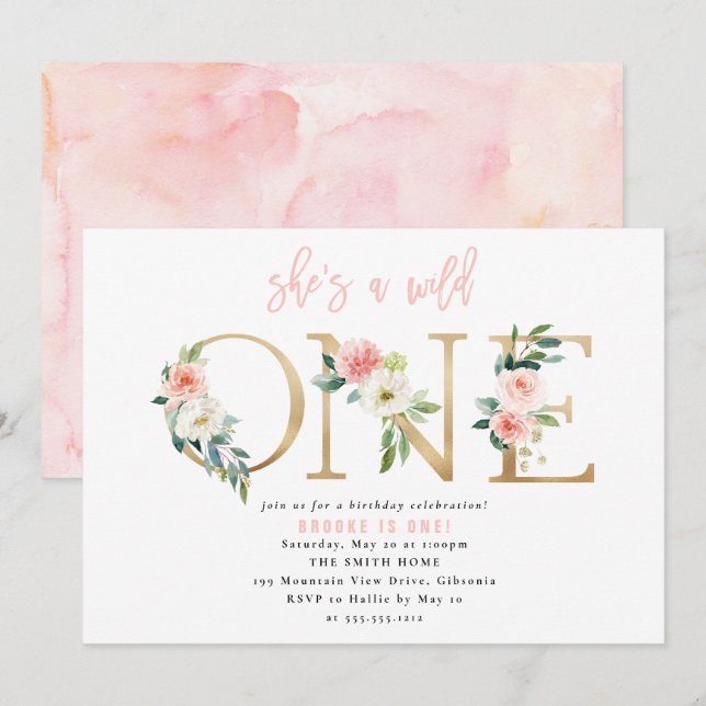 WILD ONE Floral First Birthday Invitation (Front/Back)