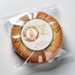 Wild One Floral Photo Rose Wreath First Birthday Classic Round Sticker