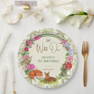 Wild One Forest Friends Floral Birthday Paper Plate
