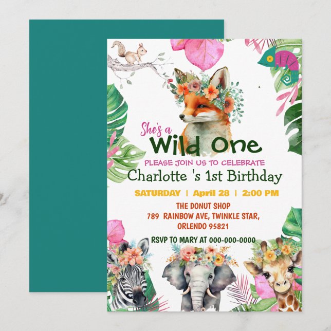 Wild One Fox Safari jungle 1st Animals Birthday Invitation (Front/Back)