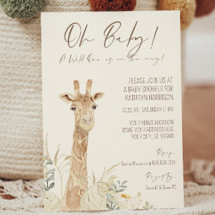 Wild One Giraffe Daisy Floral Gender Neutral Baby Invitation