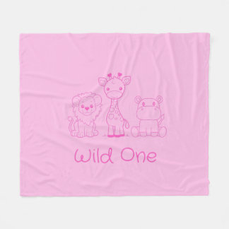 "Wild One" Giraffe, Lion, Hippo Pink Outline Fleece Blanket