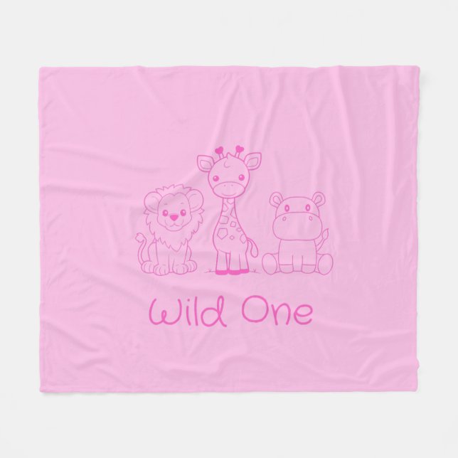 "Wild One" Giraffe, Lion, Hippo Pink Outline Fleece Blanket (Front (Horizontal))