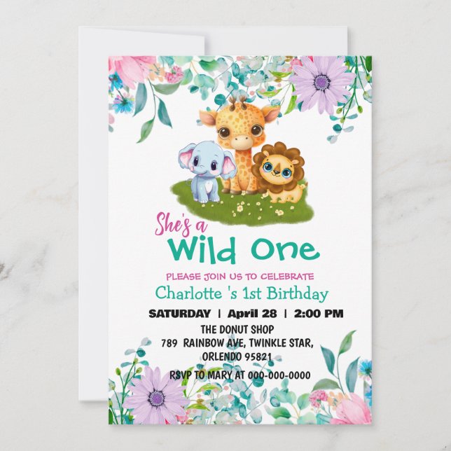Wild One Giraffe lion jungle 1st Animals Birthday Invitation (Front)
