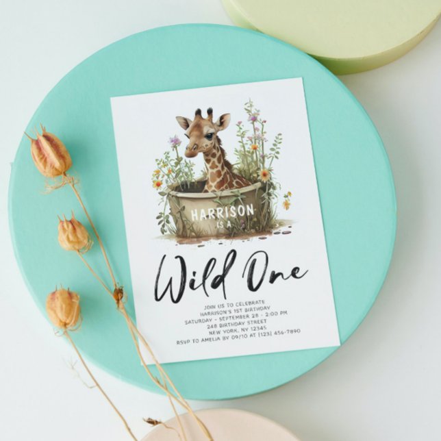 Wild One Giraffe Photo QR Code 1st Birthday Invitation (Creator Uploaded)