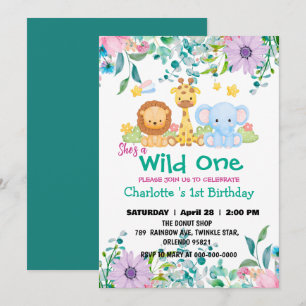Wild One Giraffe Zoo jungle 1st Animals Birthday Invitation