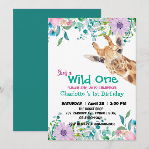 Wild One Giraffe Zoo jungle 1st Animals Birthday Invitation