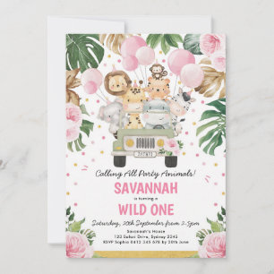 Wild One Girl 1st Birthday Jungle Safari Invitation