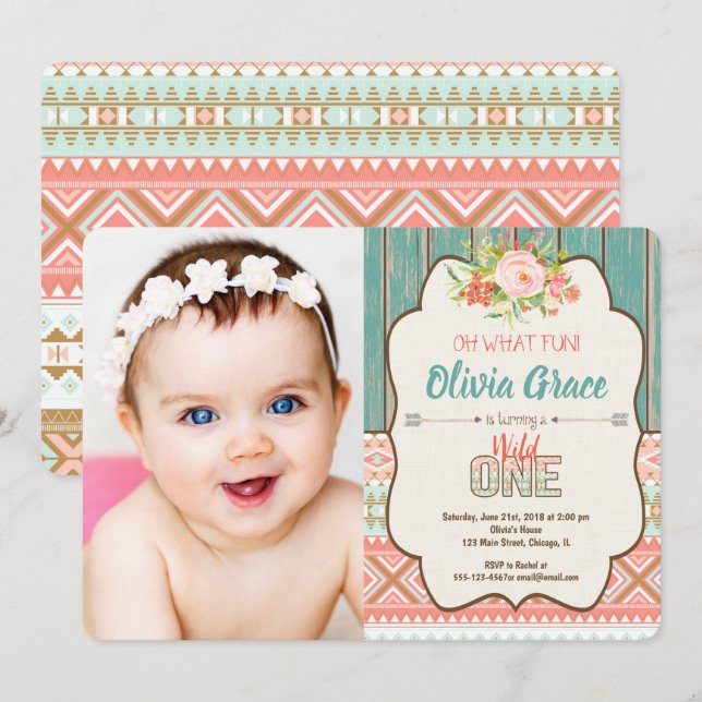 Wild one girl 1st birthday photo invitation (Front/Back)