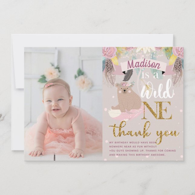 Wild One Girl Birthday Thank you Card (Front)