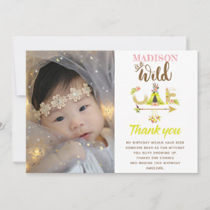 Wild One Girl Birthday Thank you Gold Glitter Card