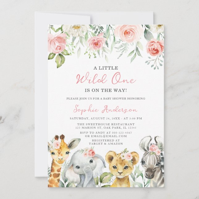 Wild One Girl Safari Jungle Animals Baby Shower Invitation (Front)
