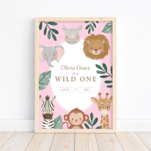 Wild One Girls' Safari Pink 1st Birthday Welcome Poster