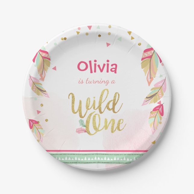 Wild One Gold First birthday Paper Plates Pink (Front)