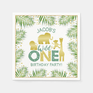 Wild One Gold Safari Animals Tropical 1st Birthday Napkin