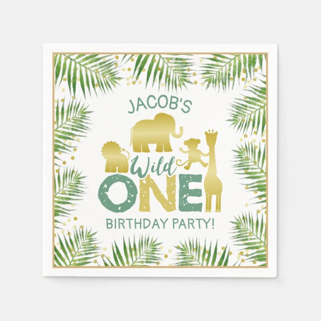 Wild One Gold Safari Animals Tropical 1st Birthday Napkin (Front)