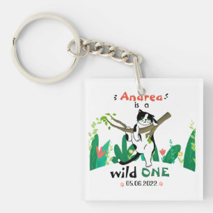 Wild One Greenery Safari Kitty Cat 1st Birthday Keychain