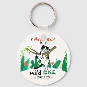 Wild One Greenery Safari Kitty Cat 1st Birthday Keychain