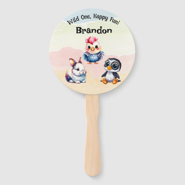 Wild One Happy Fun Woodland Animals Watercolor Hand Fan (Front)