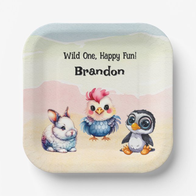 Wild One Happy Fun Woodland Animals Watercolor Paper Plate (Front)