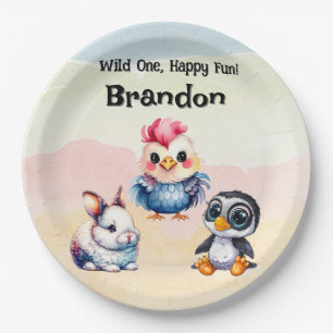 Wild One Happy Fun Woodland Animals Watercolor Paper Plate