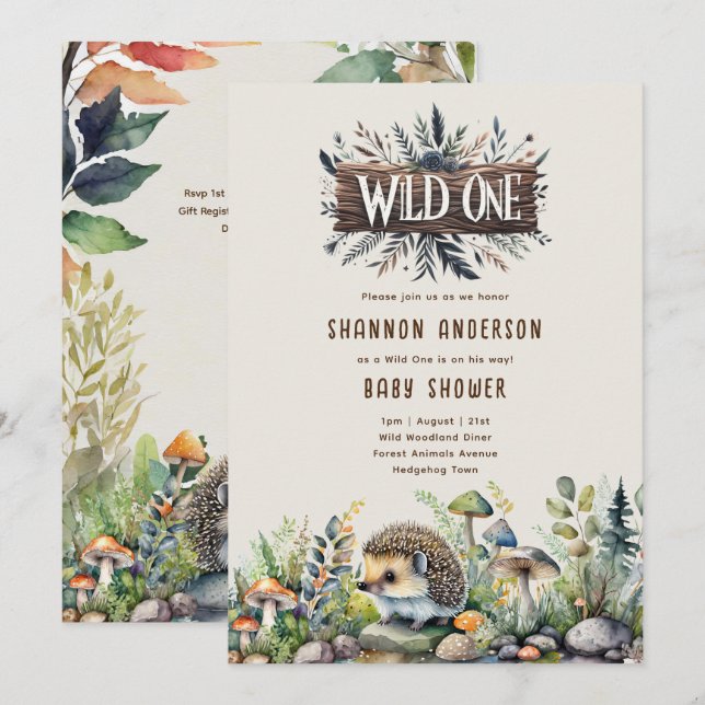 Wild One Hedgehog Baby Woodland Animals Invitation (Front/Back)