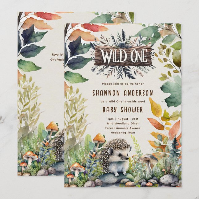 Wild One Hedgehog Baby Woodland Animals Invitation (Front/Back)
