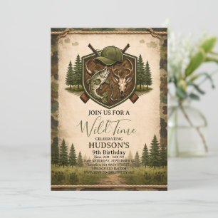 Wild One Hunting and Fishing Boys 9th Birthday Invitation