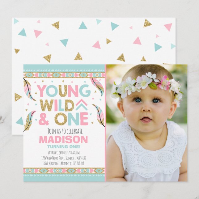 Wild One Invitation Boho Feather Wild One Party (Devant / Derrière)