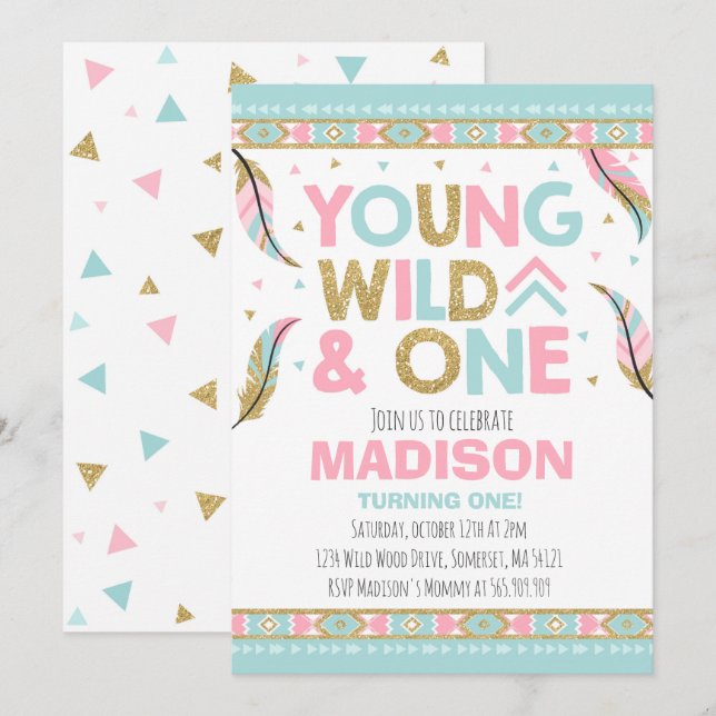 Wild One Invitation Boho Feather Wild One Party (Front/Back)