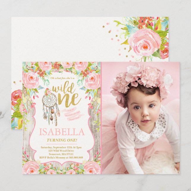 Wild One Invitation Girl Boho Dreamcatcher Party (Front/Back)