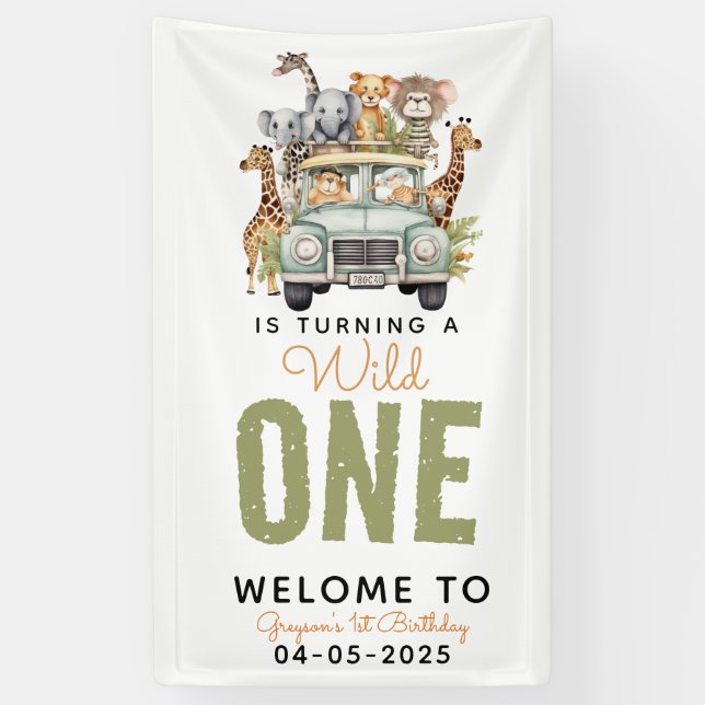 Wild One Jungle Adventure 1st Birthday Banner (Vertical)
