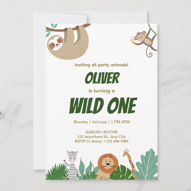Wild One Jungle Animals Birthday Party Design Holiday Card (Front)