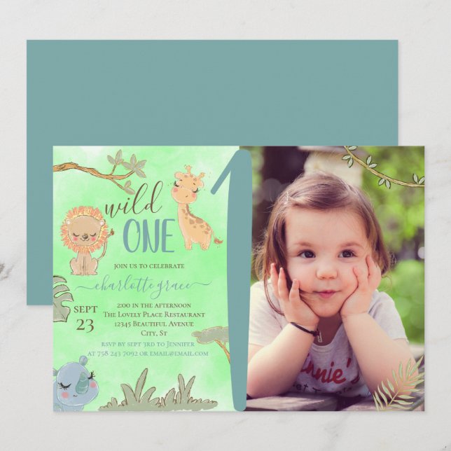 Wild One Jungle Animals Blue Brown First Birthday Invitation (Front/Back)