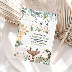 Wild One Jungle Animals Gold 1st Birthday Invite