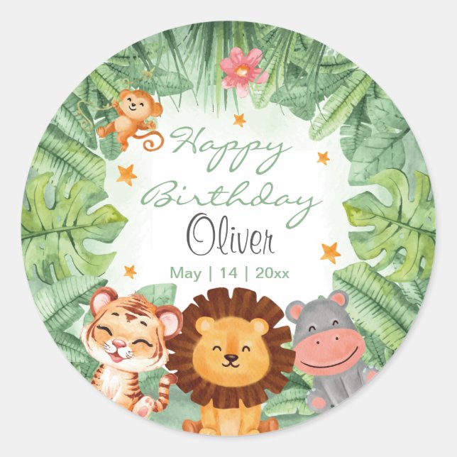 Wild one Jungle Animals Tropical Boy Birthday Classic Round Sticker (Front)