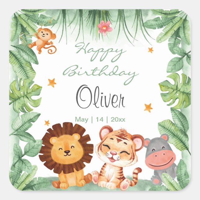Wild one Jungle Animals Tropical Boy Birthday Square Sticker (Front)