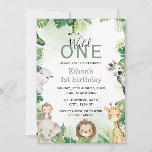 Wild One Jungle Boy 1st Birthday Photo Invitation