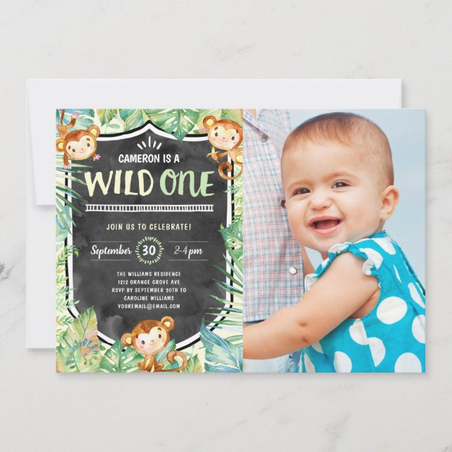 Wild One Jungle First Birthday Party Photo Invitation (Front)