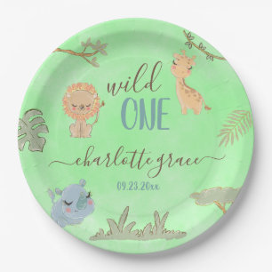 Wild One Jungle Friends Blue Brown First Birthday Paper Plate