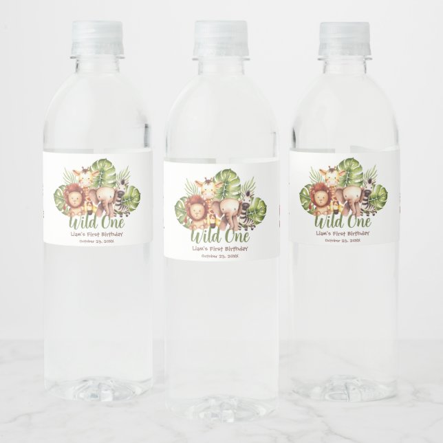 Wild One Jungle Greenery Animals First Birthday Water Bottle Label (Bottles)