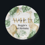 Wild One Jungle Greenery & Gold Birthday Party Paper Plate<br><div class="desc">Elegant neutral safari themed birthday party paper plates,  featuring tropical greenery,  faux gold jungle animals (lion,  giraffe and monkey),  gold confetti,  personalized with name and age. Matching items available in our Wild Jungle Collection.</div>