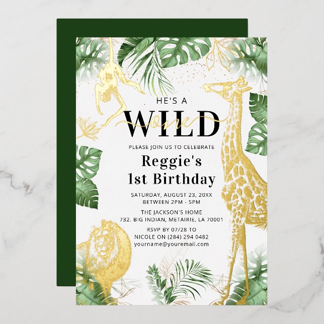 Wild One Jungle Greenery & Gold Foil Invitation (Front/Back)