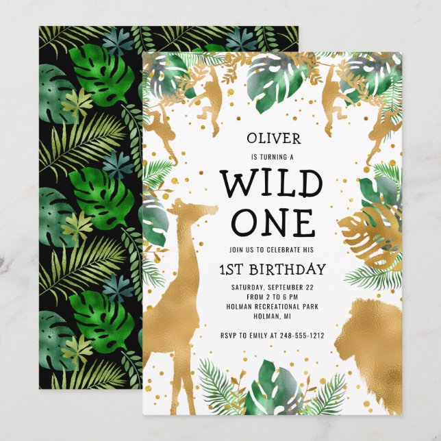 Wild One Jungle Safari 1st Birthday Gold Green Invitation (Front/Back)